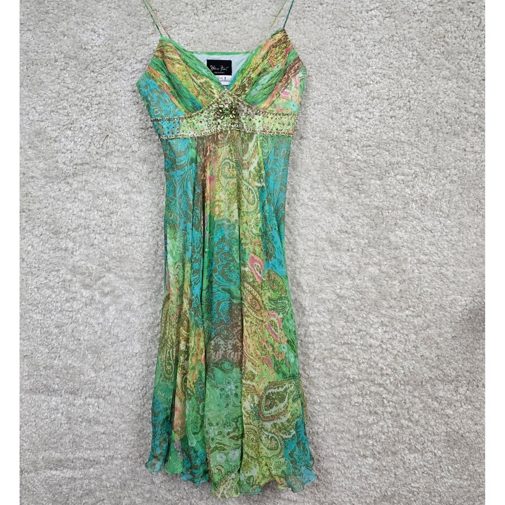 Diane Freis Silk Paisley Beaded Dress Women 8‎ Green Blue Boho Babydoll Y2K Midi